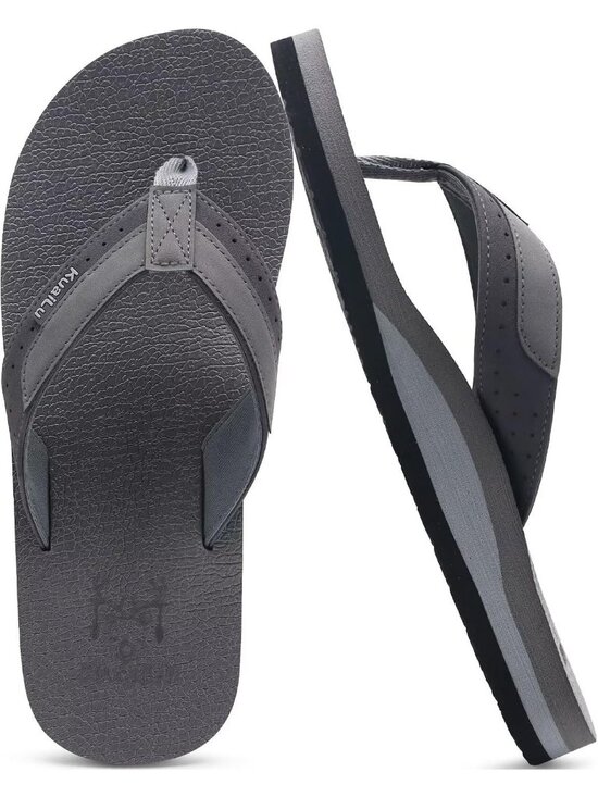 Men\'s Grey Yoga Mat Leather Flip Flops Slip On Indoor Outdoor Sandal Slipper